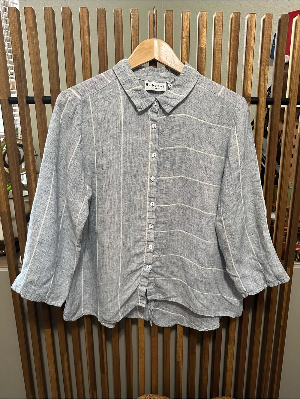 Habitat Clothes to Live In Linen Blouse Medium Blue Striped Button Front/Back